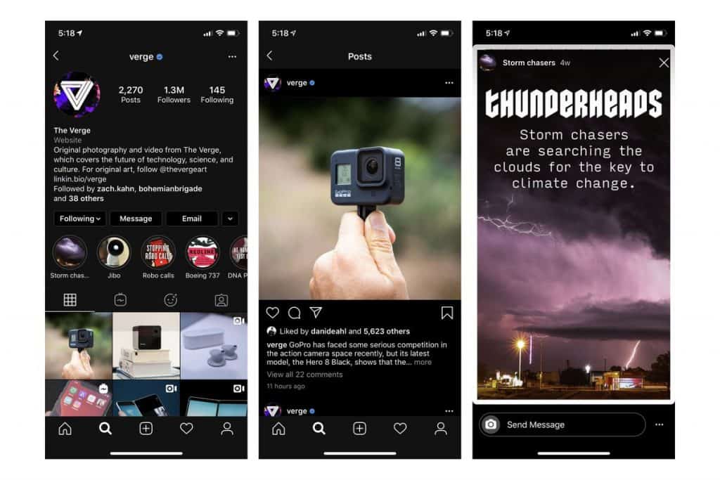 Examples of dark mode on Instagram