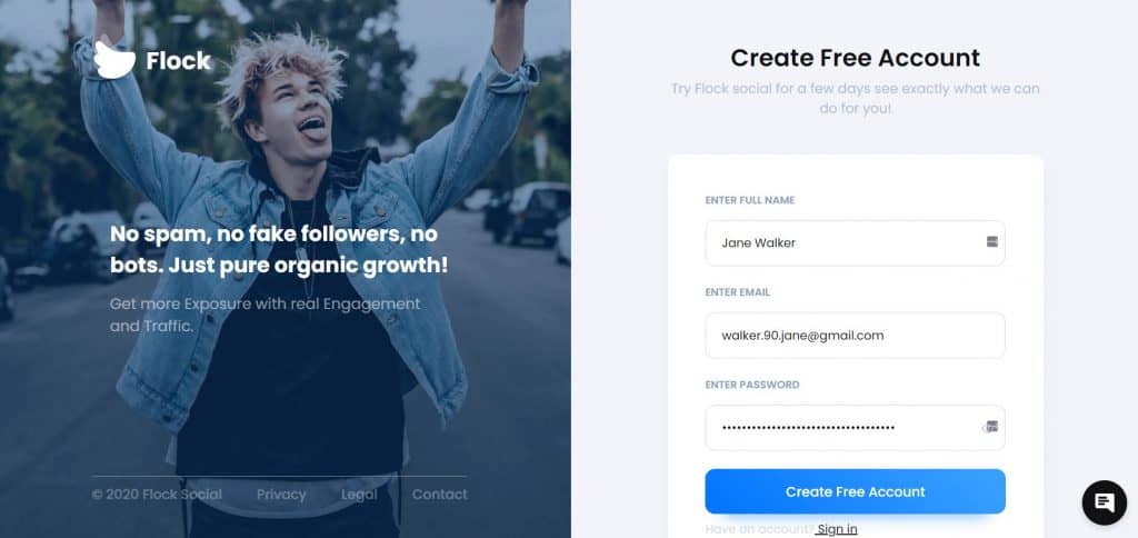 Screenshot showing how to sign up to Flock Social Instagram Growth Service