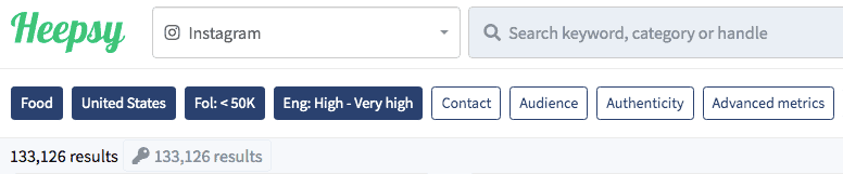 A screenshot of the search filters available in Heepsy, a platform that helps you find Instagram influencers