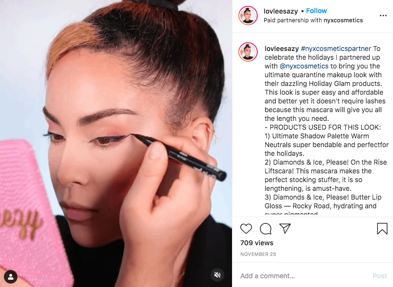 An image from micro influencer @lovleesazy's Instagram, showing her collaboration with Nyx Cosmetics