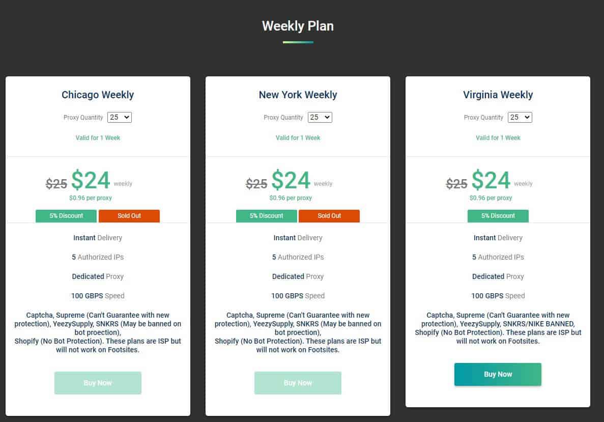 A screenshot of Oculus Proxies’ weekly datacenter pricing plans