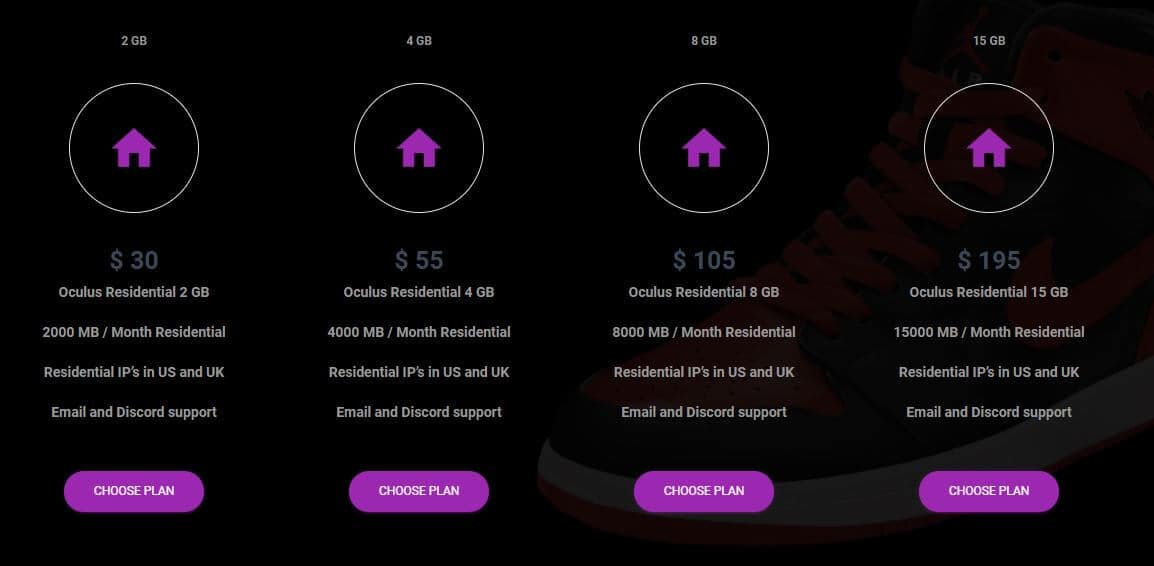 A screenshot of Oculus Proxies’ residential pricing plans