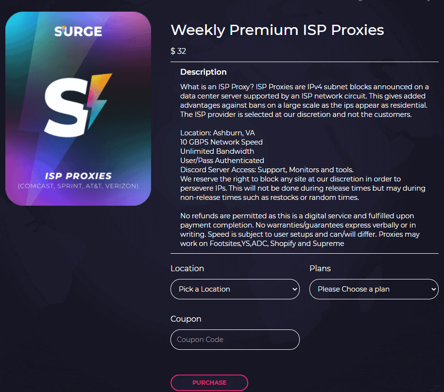 A screenshot of Surge Proxies ISP proxies weekly plans