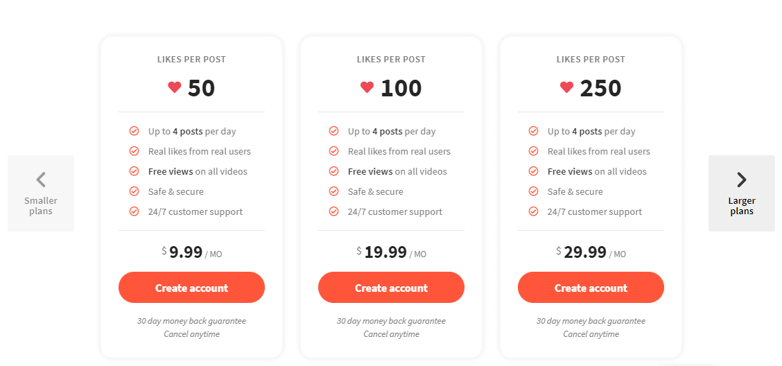 A screenshot showing the prices for automatic likes
