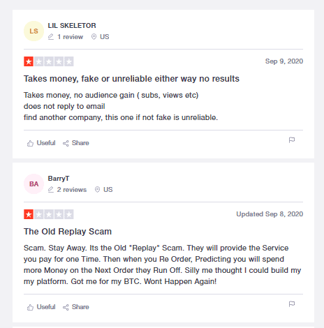 A screenshot showing bad reviews on trustpilot