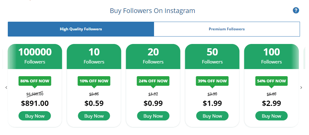 A screenshot showing the follower package on instafollowers