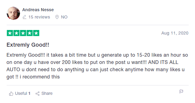 A screenshot showing a positive review regarding Like4like’s service on Trustpilot.
