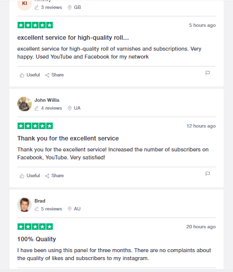 A screenshot showing positive reviews on trustpilot
