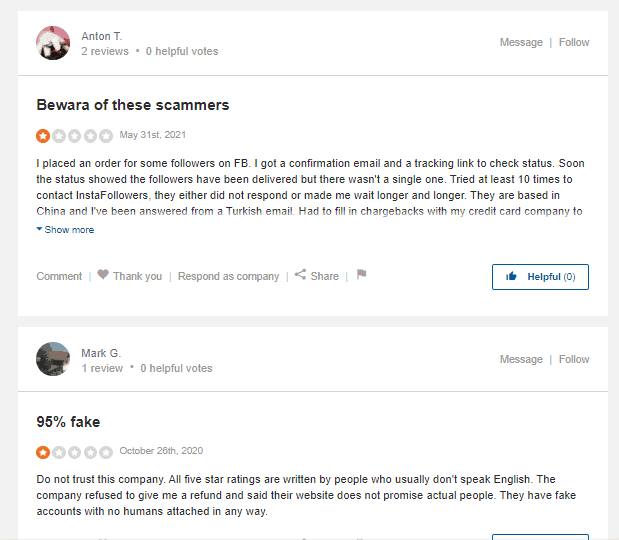 A screenshot showing instafollowers reviews on sitejabber