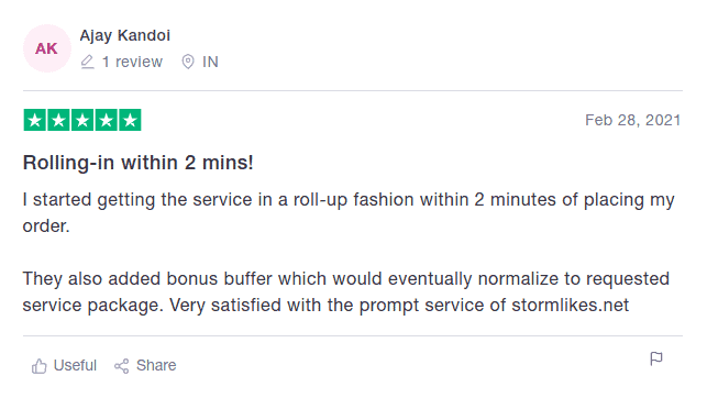 A screenshot showing a positive comment regarding Stormlikes’ service on Trustpilot.