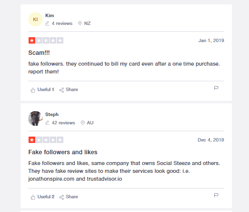 A screenshot showing reviews on trustpilot