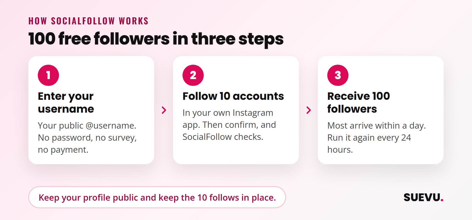 Three steps for SocialFollow: enter your username, follow 10 accounts, receive 100 followers
