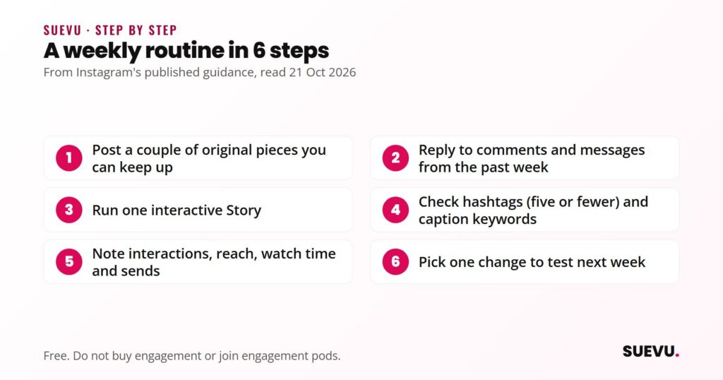 Six numbered steps for a weekly Instagram engagement routine: post original work, reply, run a Story, check hashtags, review insights, test one change.