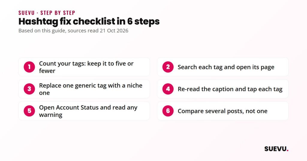 Six numbered steps to fix Instagram hashtags that are not working, from counting tags and searching each one to checking Account Status.