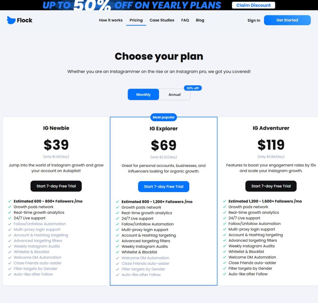 Screenshot of the Flock Social pricing page, captured 22 October 2026