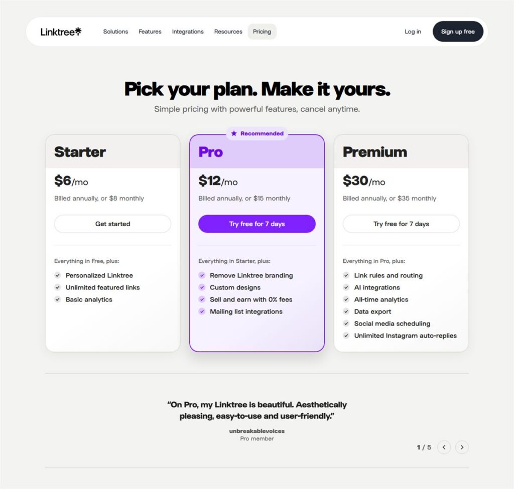 Screenshot of the Linktree pricing page, captured 22 October 2026