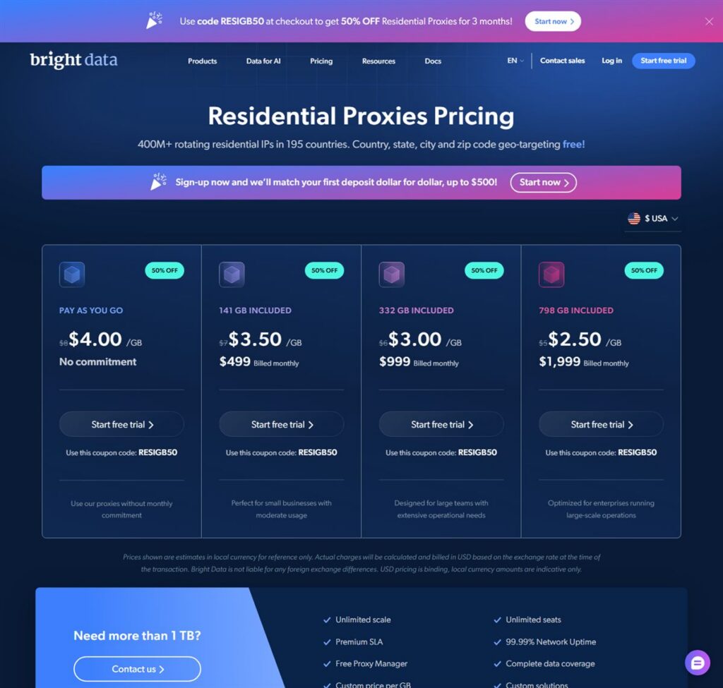 Screenshot of the Bright Data pricing page, captured 22 October 2026