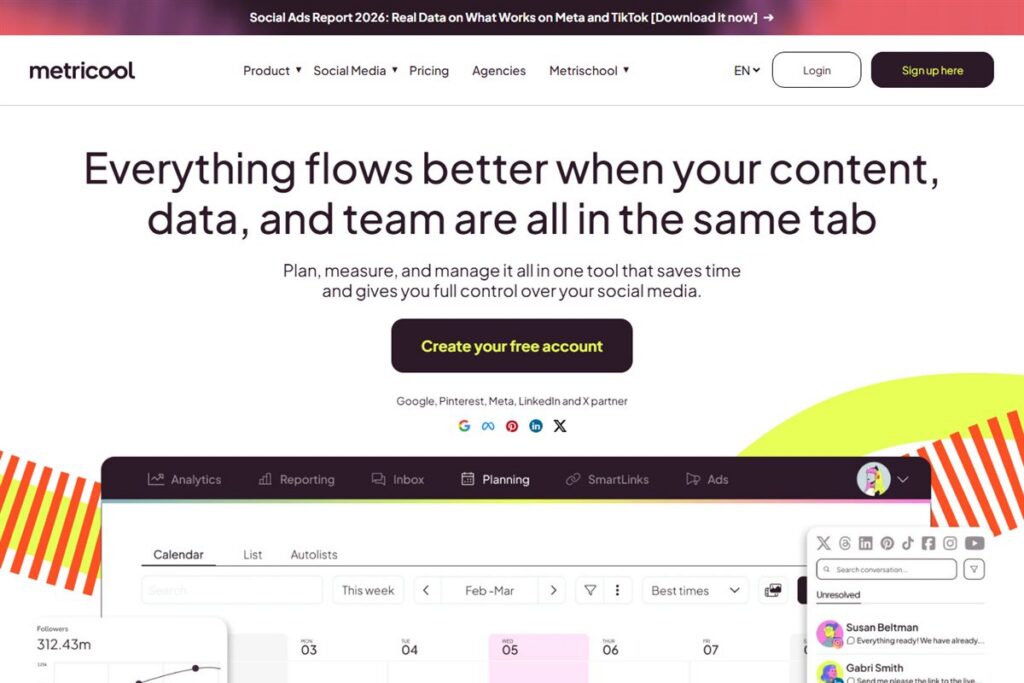 Screenshot of the Metricool homepage, captured 27 October 2026