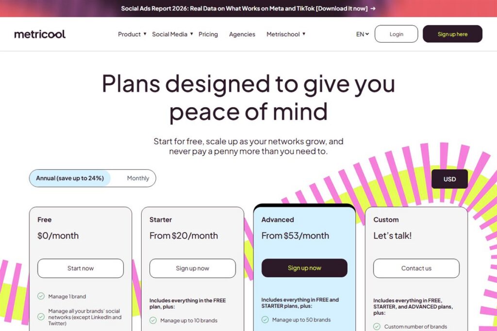 Screenshot of the Metricool pricing page, captured 27 October 2026