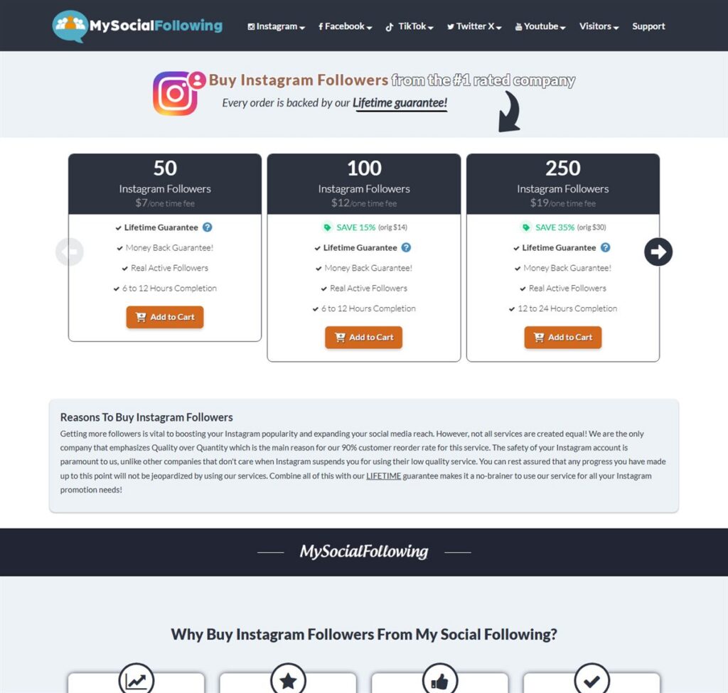 Screenshot of the MySocialFollowing pricing page, captured 22 October 2026