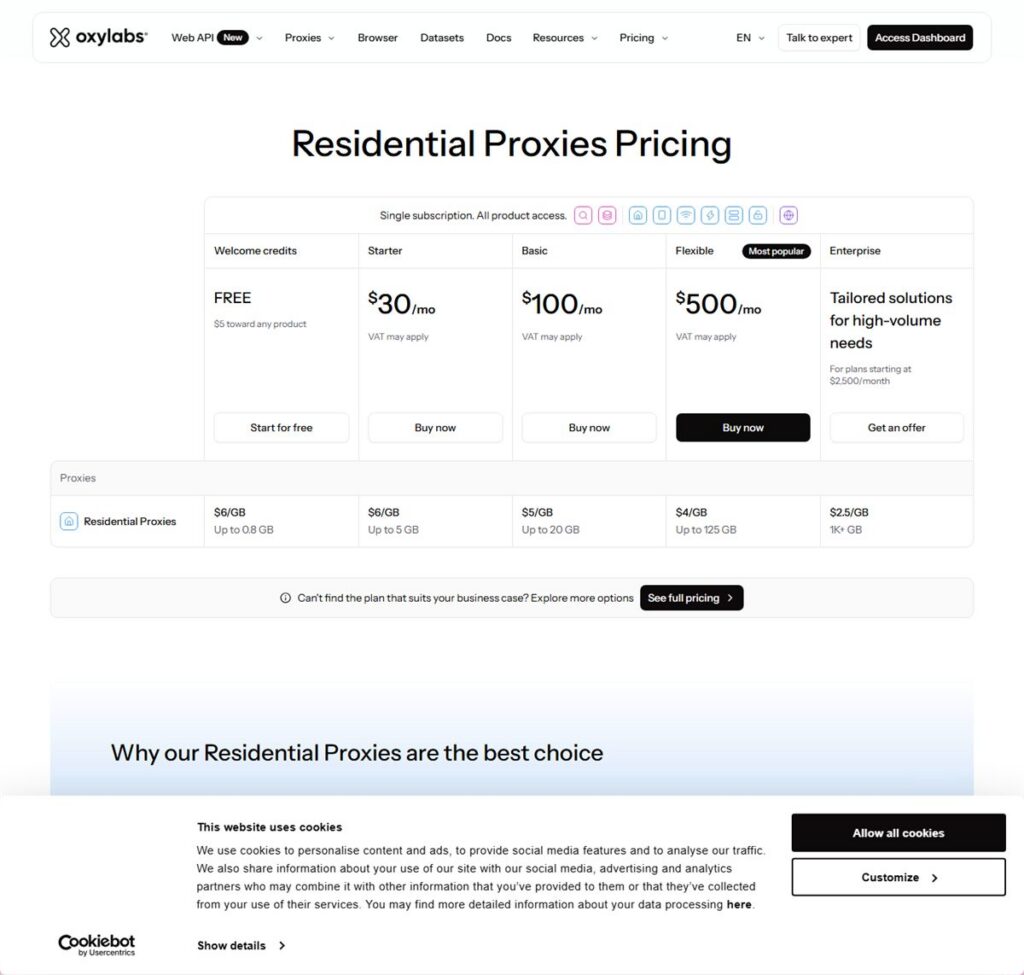 Screenshot of the Oxylabs pricing page, captured 22 October 2026