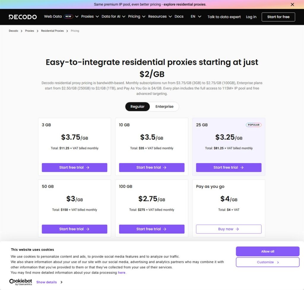 Screenshot of the Decodo pricing page, captured 22 October 2026