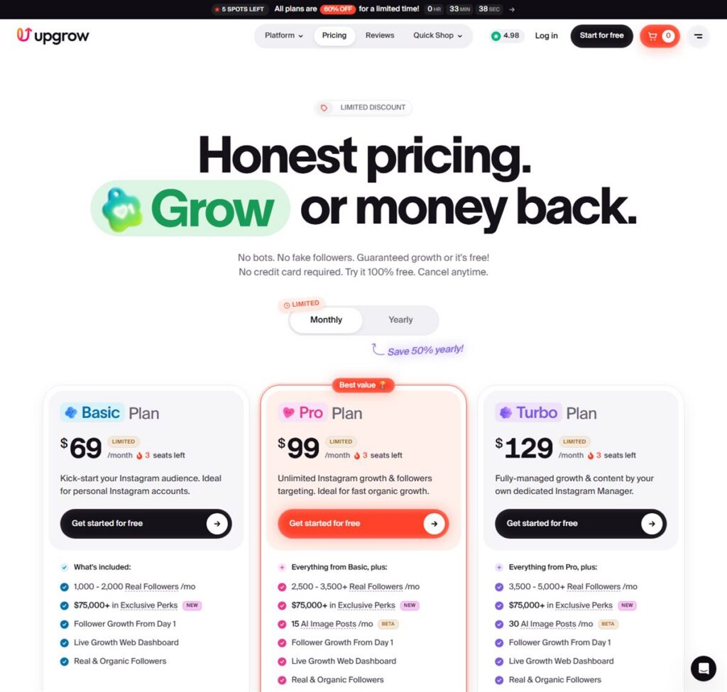 Screenshot of the UpGrow pricing page, captured 22 October 2026