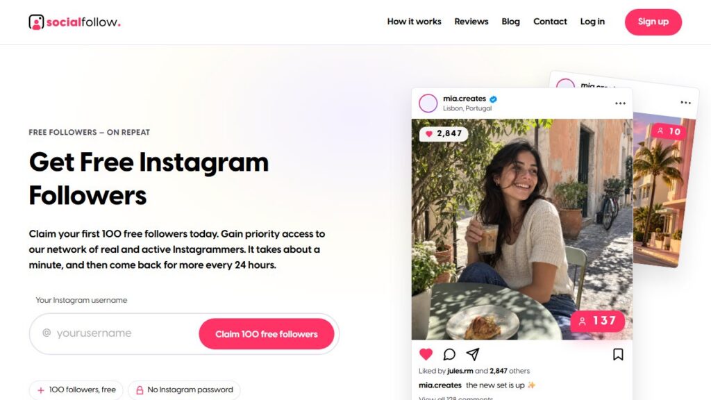 SocialFollow homepage: get free Instagram followers with just your username